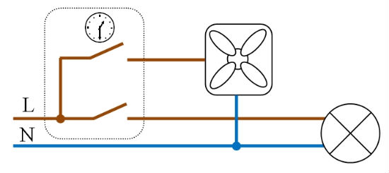 Схема включения вентилятора в санузле через выключатель с задержкой.